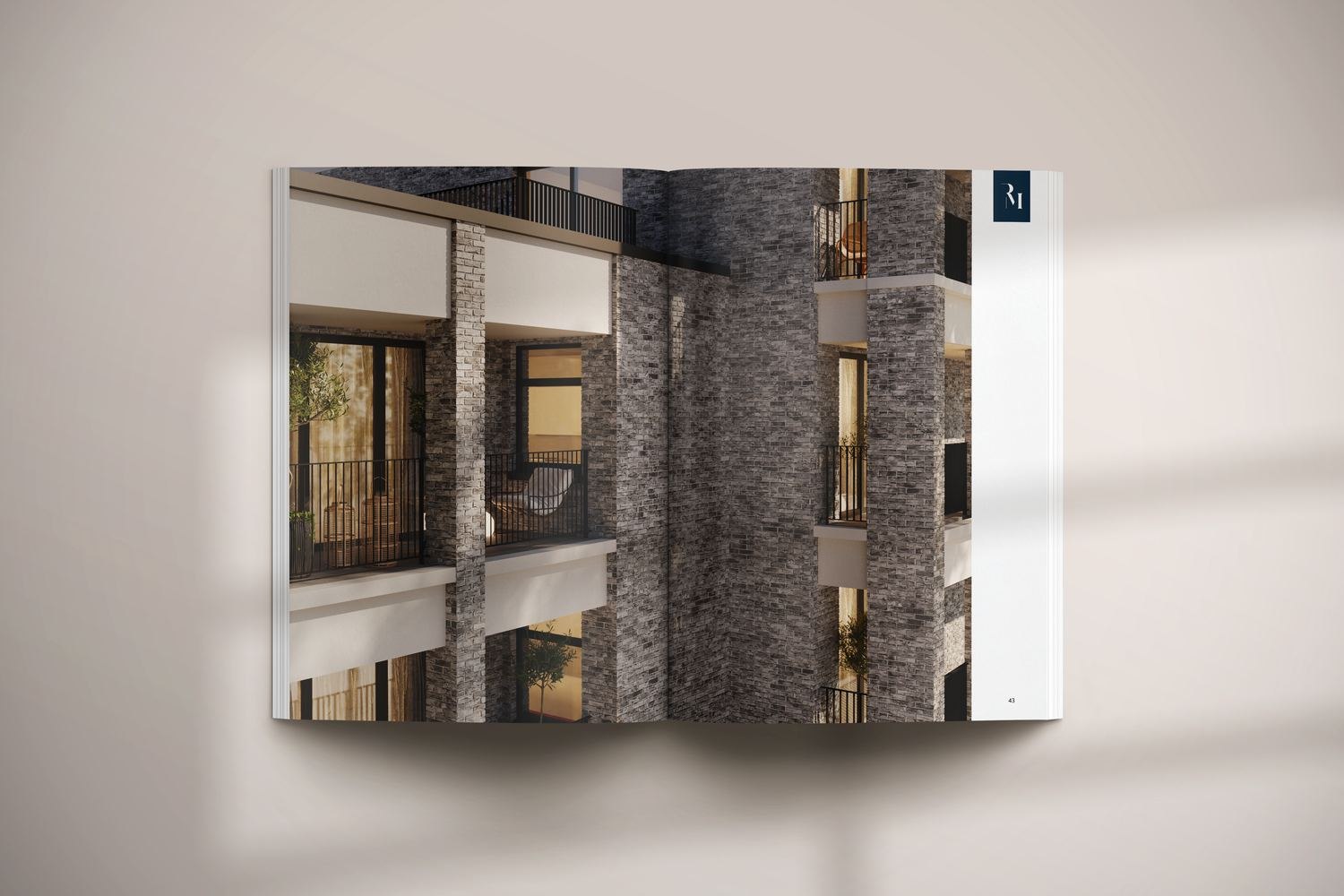 The Royal Majestic brochure open at an exterior CGI spread, print design by HDEY
