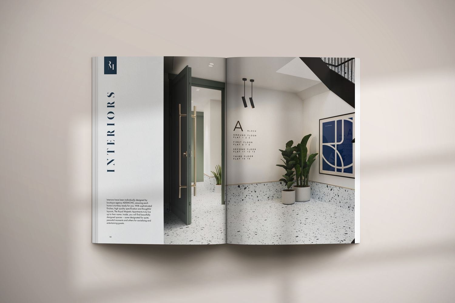 The Royal Majestic brochure open at the interiors spread, print design by HDEY