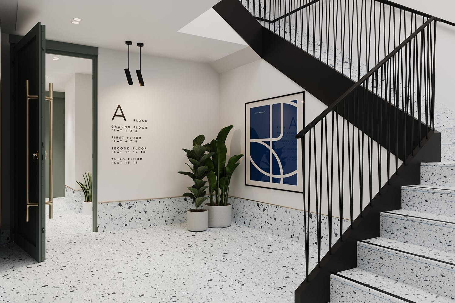 The Royal Majestic communal entrance hall with terrazzo flooring, green door and wall-set wayfinding, London NW6 — by HDEY