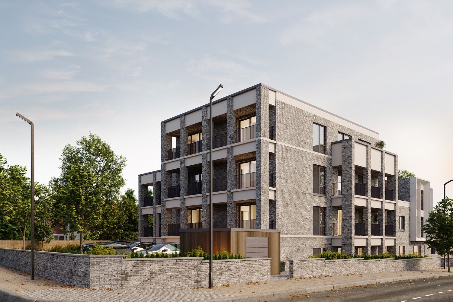 The Royal Majestic corner view CGI showing the stone and brick elevation, London NW6 — by HDEY