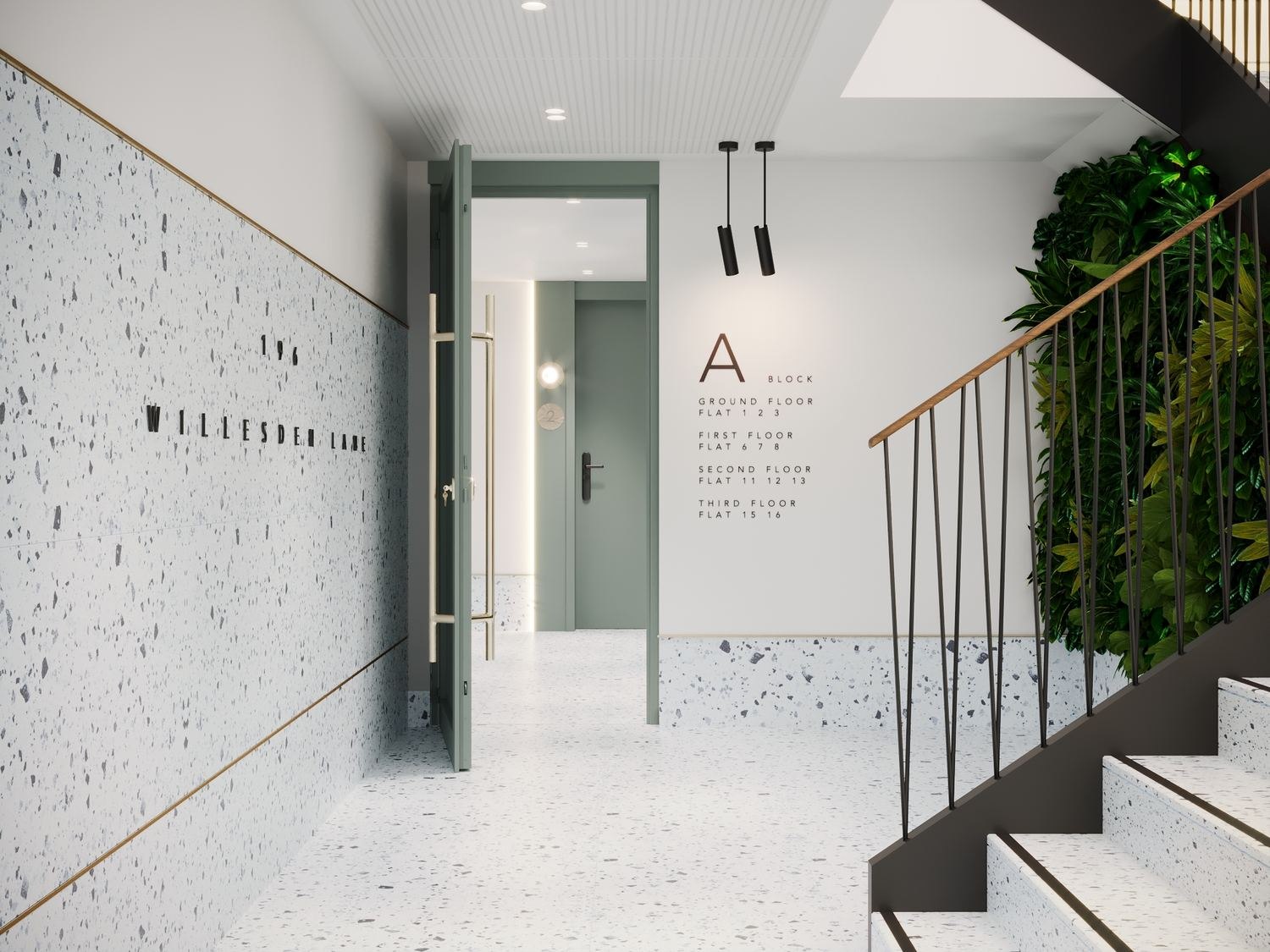 The Royal Majestic corridor with Willesden Lane wayfinding lettering, London NW6 — by HDEY