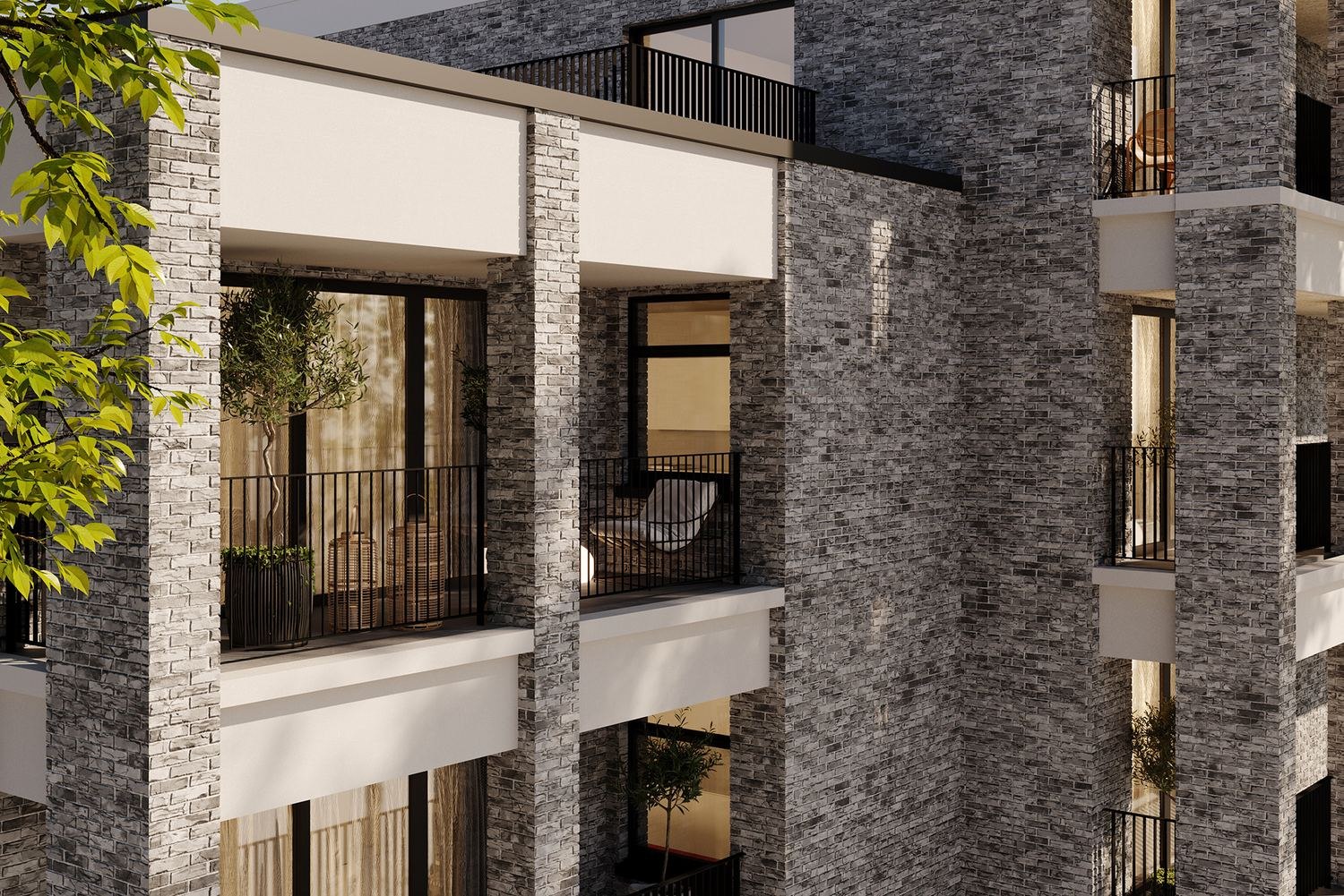 The Royal Majestic elevation CGI showing stone piers and recessed balconies, London NW6 — by HDEY