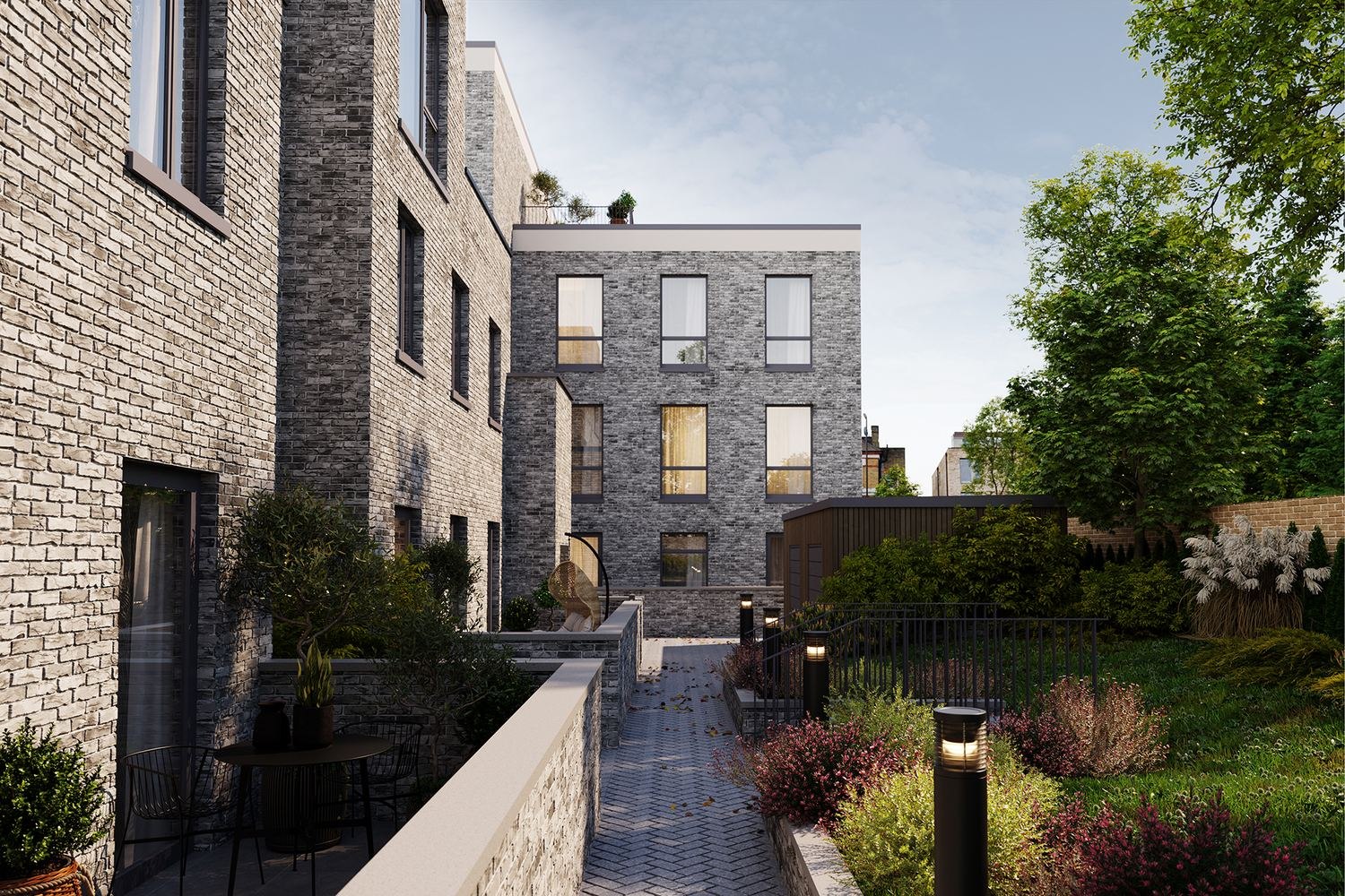 The Royal Majestic garden view CGI with planting and terraces, London NW6 — by HDEY