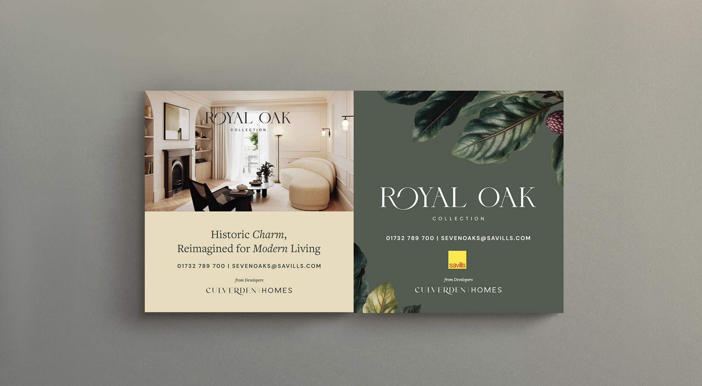 The Royal Oak Collection site board with agent details and the botanical identity, Sevenoaks, by HDEY