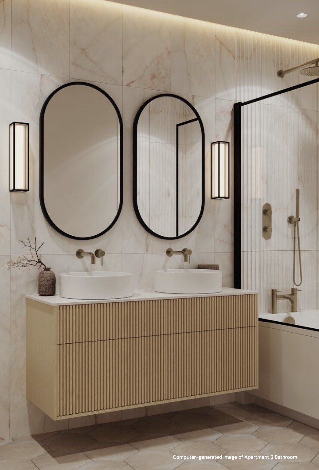 The Royal Oak Collection bathroom CGI with fluted vanity, twin basins and arched mirrors, Sevenoaks, by HDEY