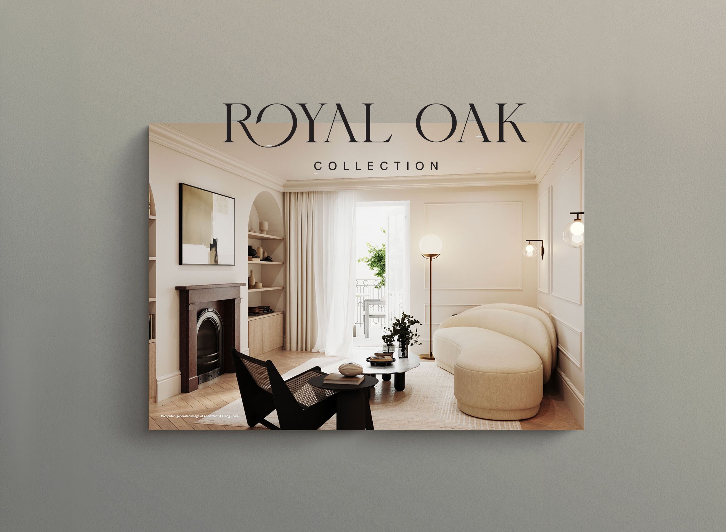 The Royal Oak Collection brochure cover with the wordmark over an interior CGI, Sevenoaks, print design by HDEY