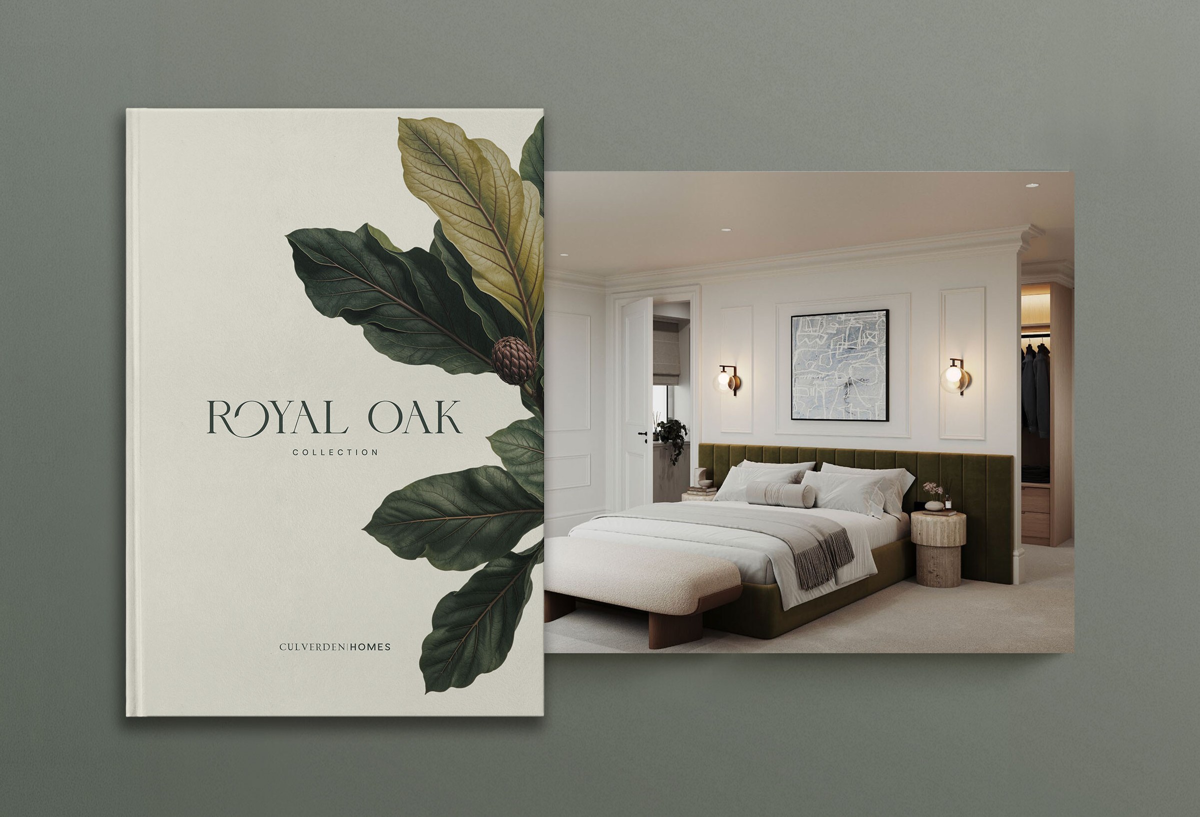 The Royal Oak Collection brochure cover and bedroom spread, Sevenoaks, print design by HDEY