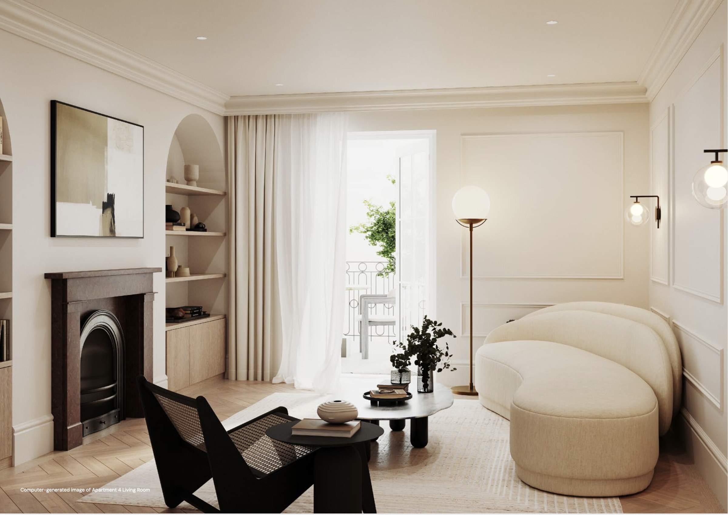 The Royal Oak Collection living room CGI with original fireplace and arched alcoves, Sevenoaks, by HDEY