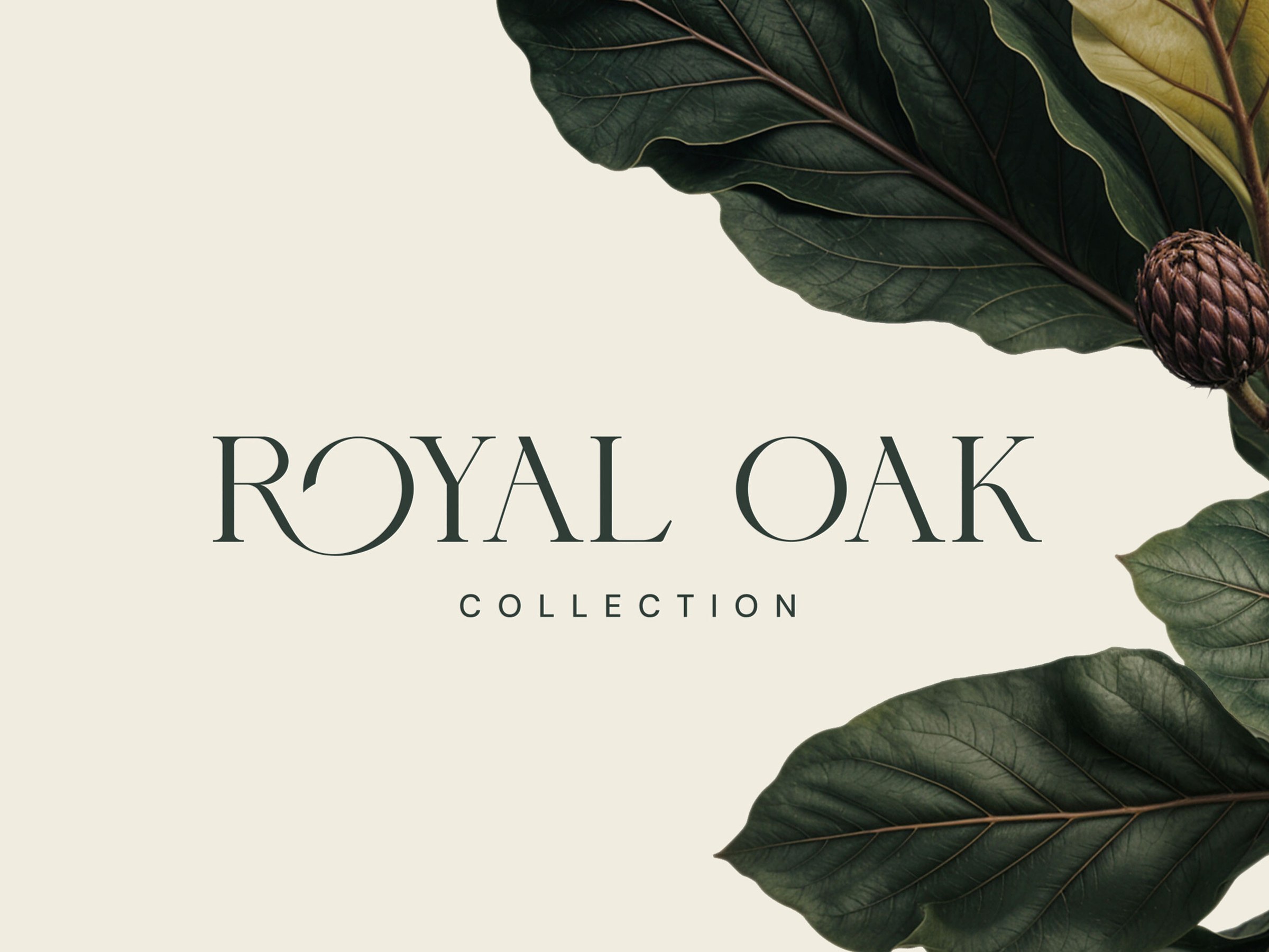 The Royal Oak Collection logo — a Georgian-inflected wordmark against a botanical plate, branding by HDEY