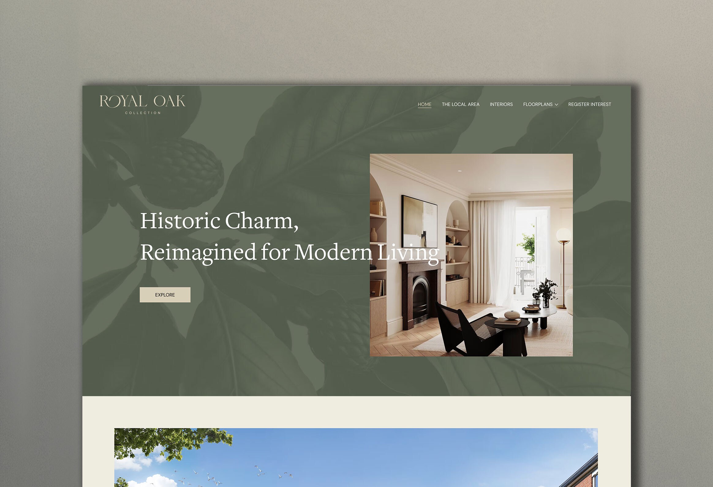 The Royal Oak Collection website homepage — the botanical identity behind the hero, Sevenoaks, by HDEY
