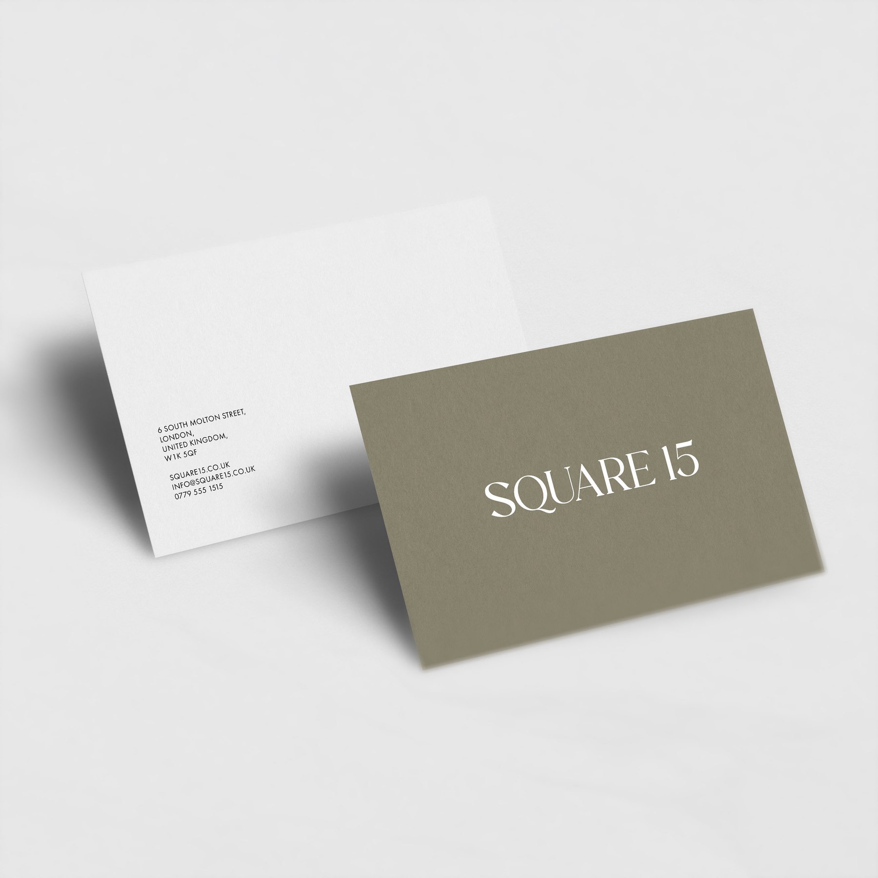 Square 15 business cards in olive and off-white, the logotype foiled on one side and the South Molton Street address on the other, brand identity by HDEY