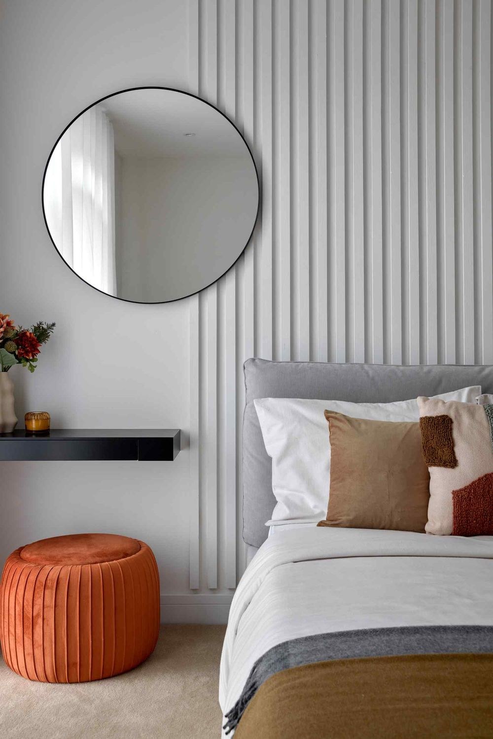 14 St Peter's Road show home bedroom detail with shelf and styling, Croydon — show home styled by HDEY