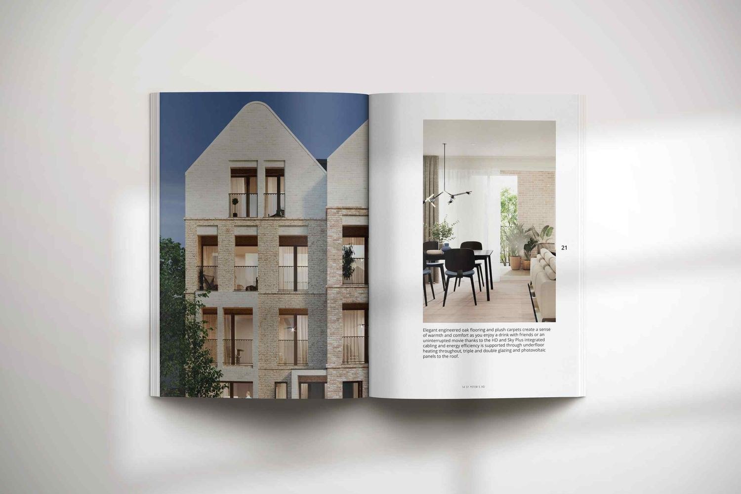 14 St Peter's Road brochure open at the exterior CGI spread, print design by HDEY