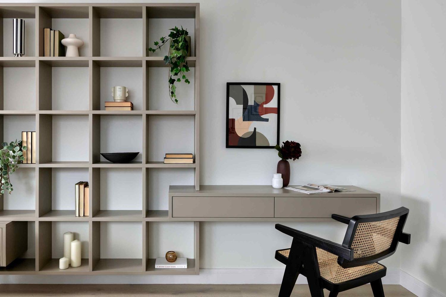 14 St Peter's Road show home shelving and desk arrangement, Croydon — styled by HDEY