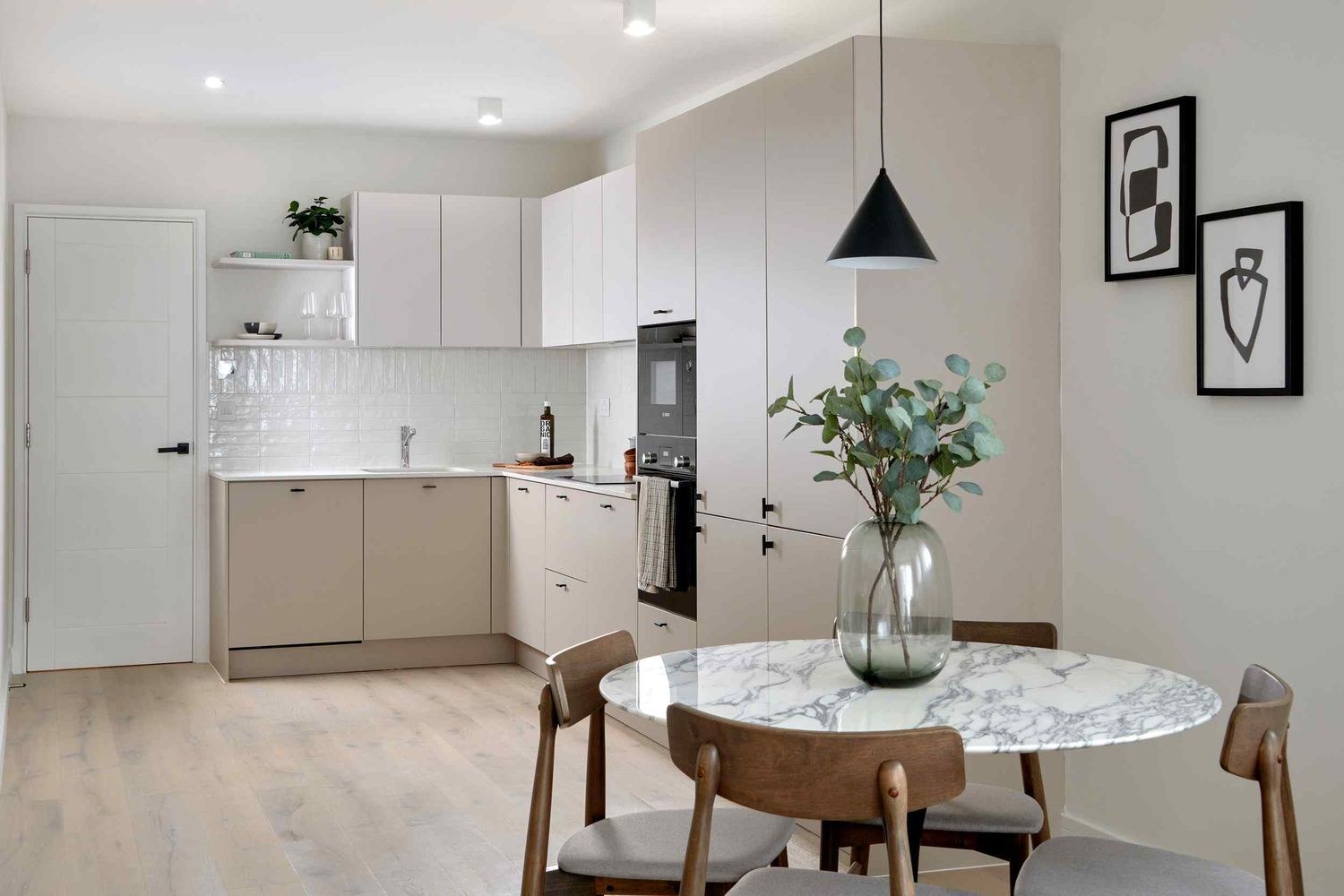 14 St Peter's Road show home kitchen with pale units and tiled splashback, Croydon — show home styled by HDEY