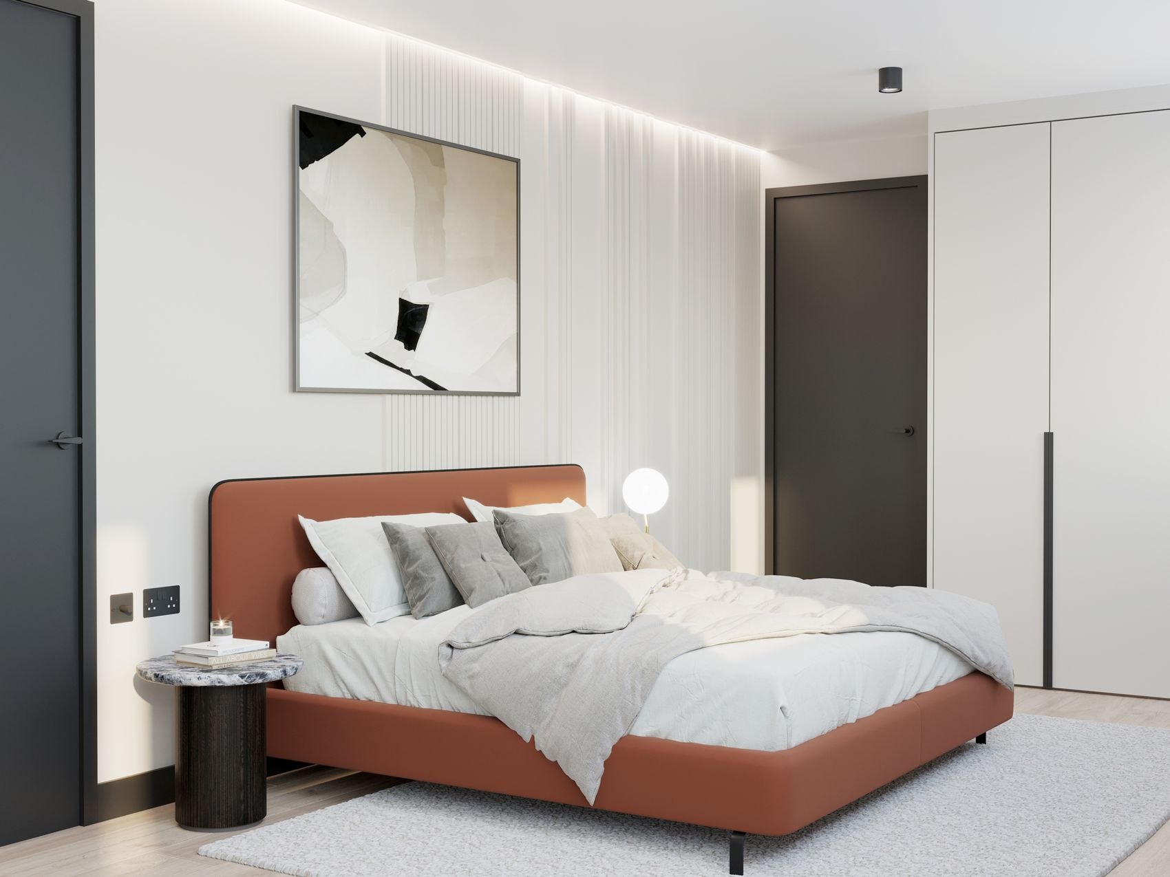 Streatley Road bedroom with a rust upholstered bed and fitted wardrobes, London, interior design by HDEY