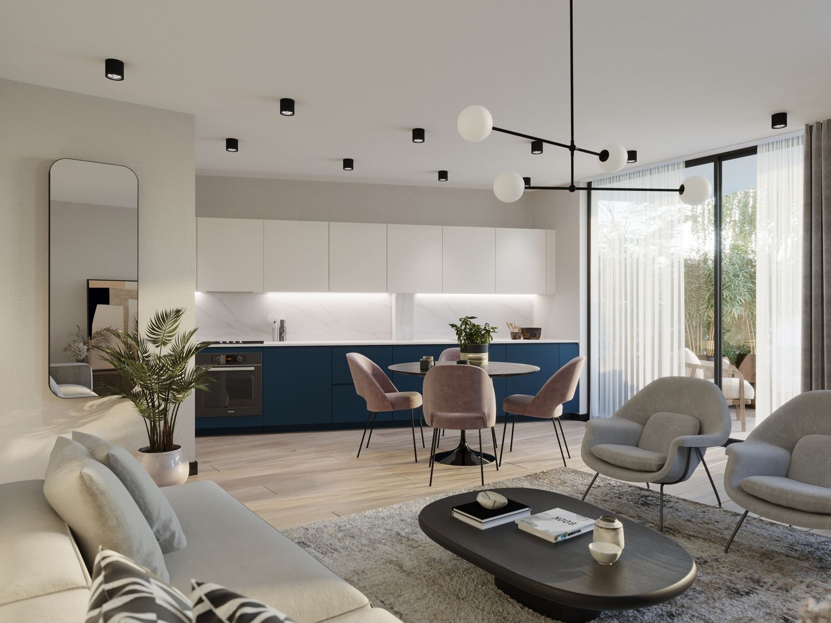 Streatley Road open plan living and kitchen with navy island and floor-to-ceiling glazing, London, interior design by HDEY
