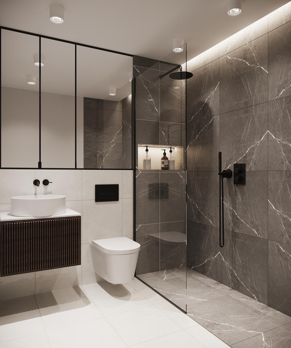 The Carlton bathroom CGI with marble walls, black fittings and a walk-in shower, Ealing — by HDEY