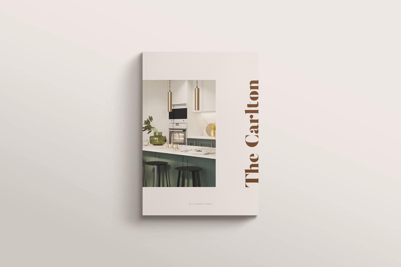 The Carlton brochure cover in soft green with the foiled logotype, print design by HDEY