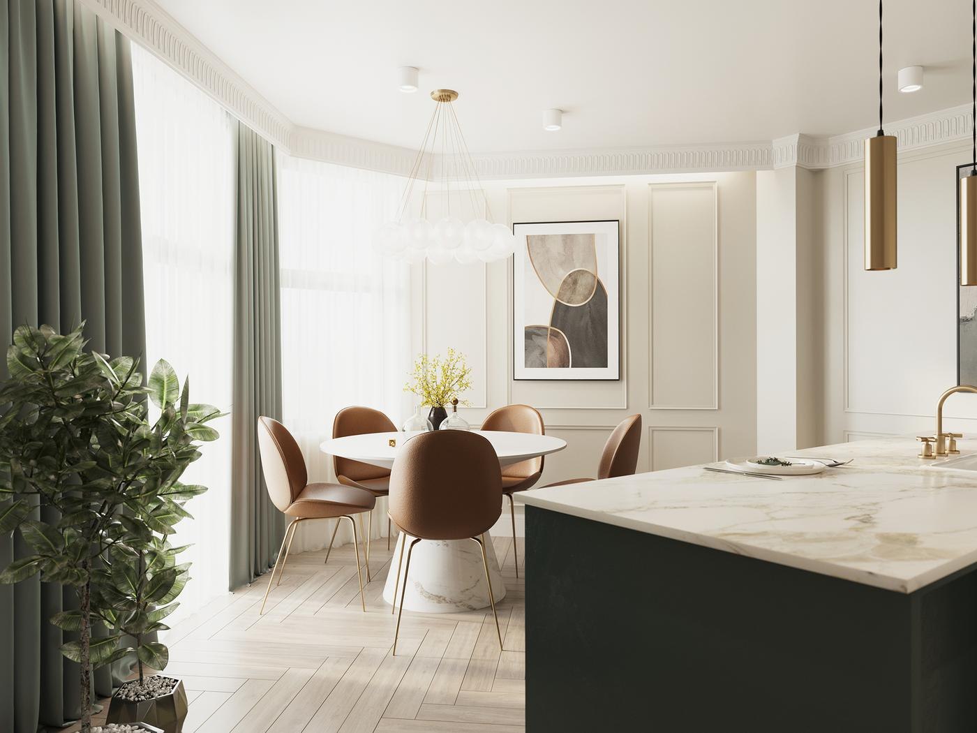 The Carlton dining area CGI with curved chairs and garden outlook, Ealing — by HDEY