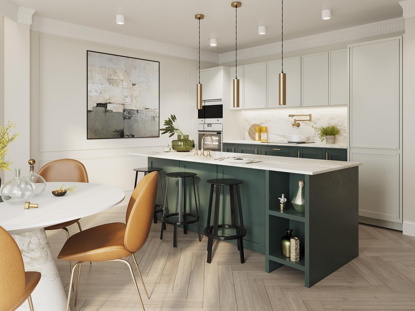 The Carlton kitchen CGI with deep green island, brass fittings and bar seating, Ealing — by HDEY