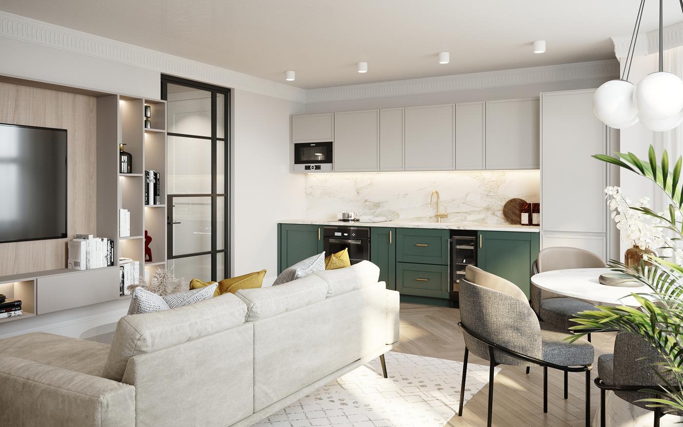 The Carlton open-plan living and kitchen CGI with green cabinetry and black-framed doors, Ealing — by HDEY
