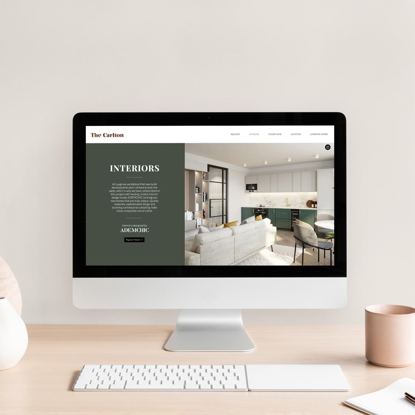 The Carlton website shown on a desktop screen with the Interiors section, web design by HDEY