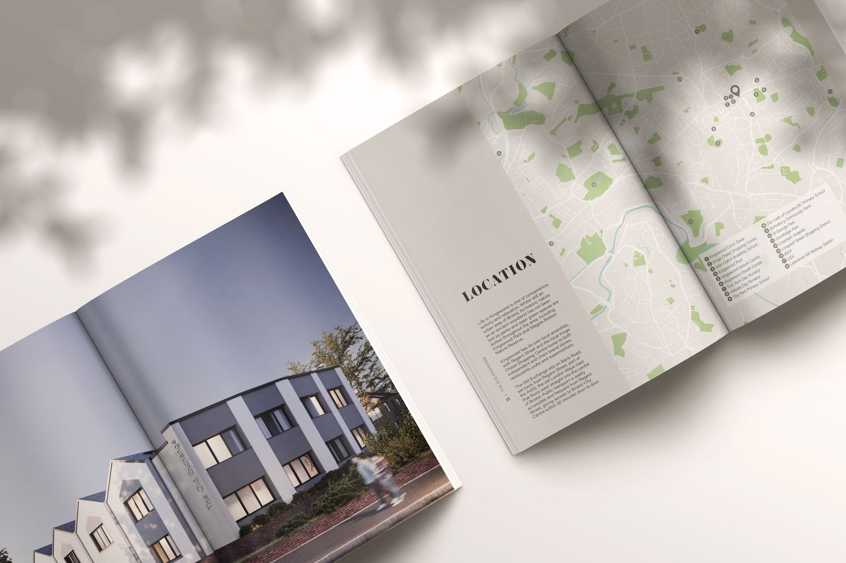 The Old Exchange brochure open at the Kingswood location map spread, print design by HDEY