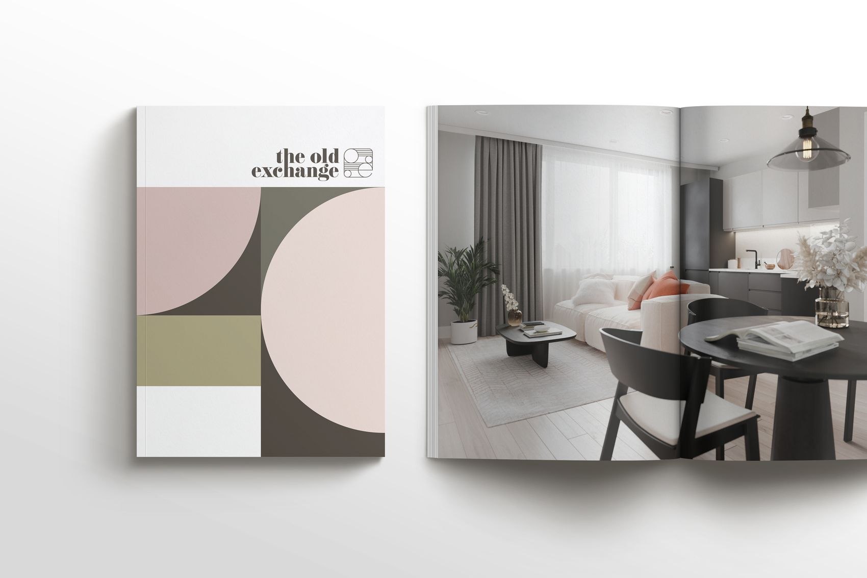 The Old Exchange brochure open at an interior CGI spread, print design by HDEY