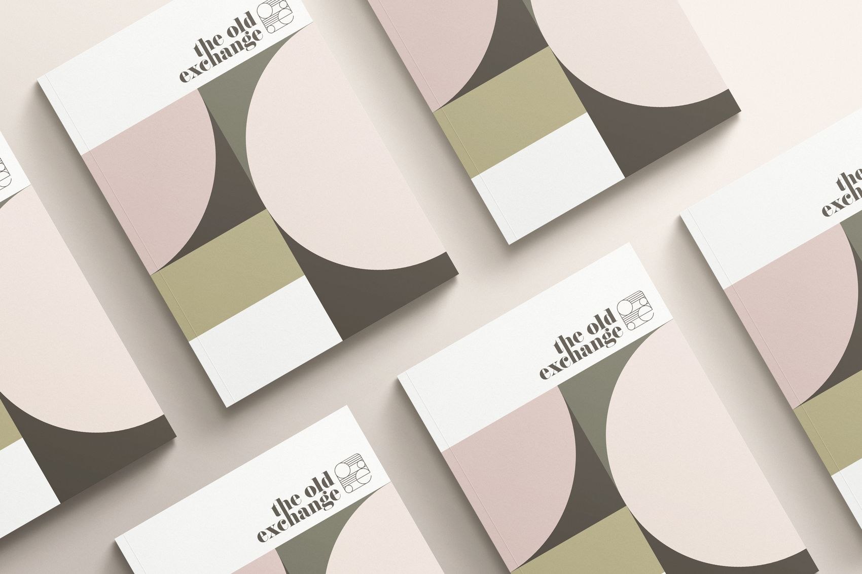 The Old Exchange brochure covers showing the lowercase logo and blush, olive and brown geometry, print design by HDEY