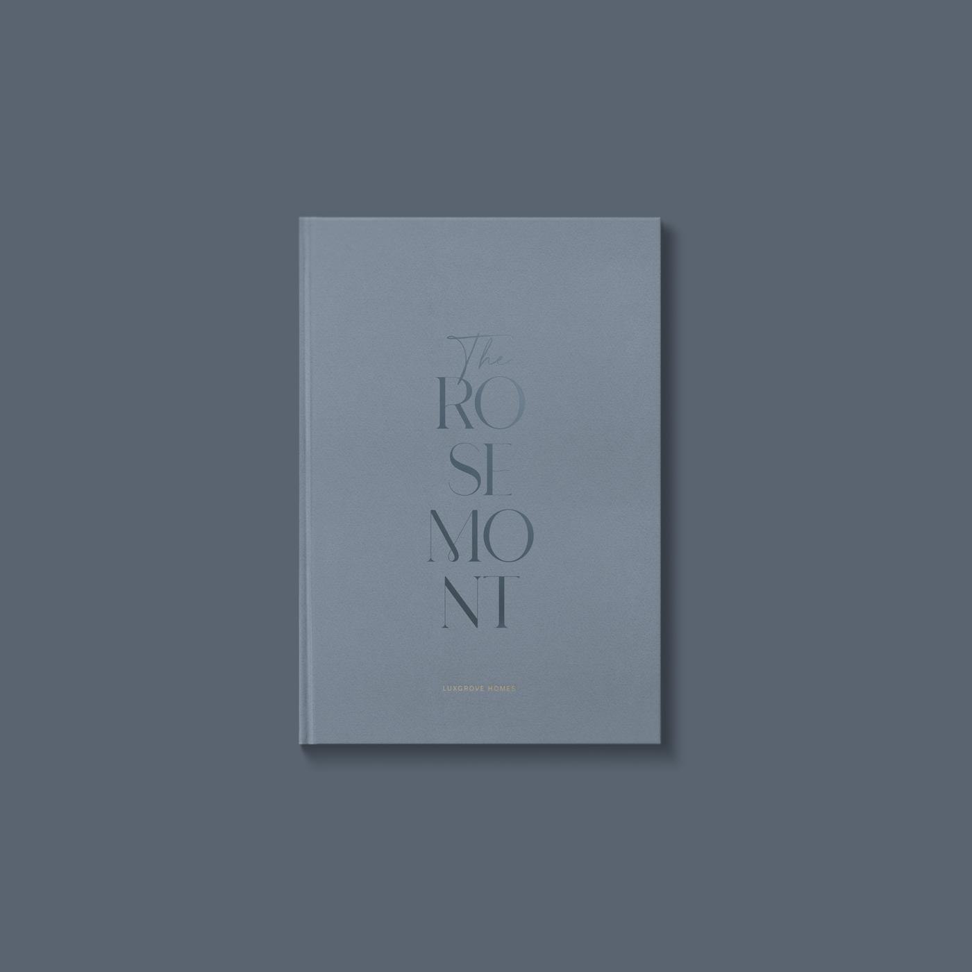 The Rosemont brochure cover in dusty blue with the stacked logotype, print design by HDEY