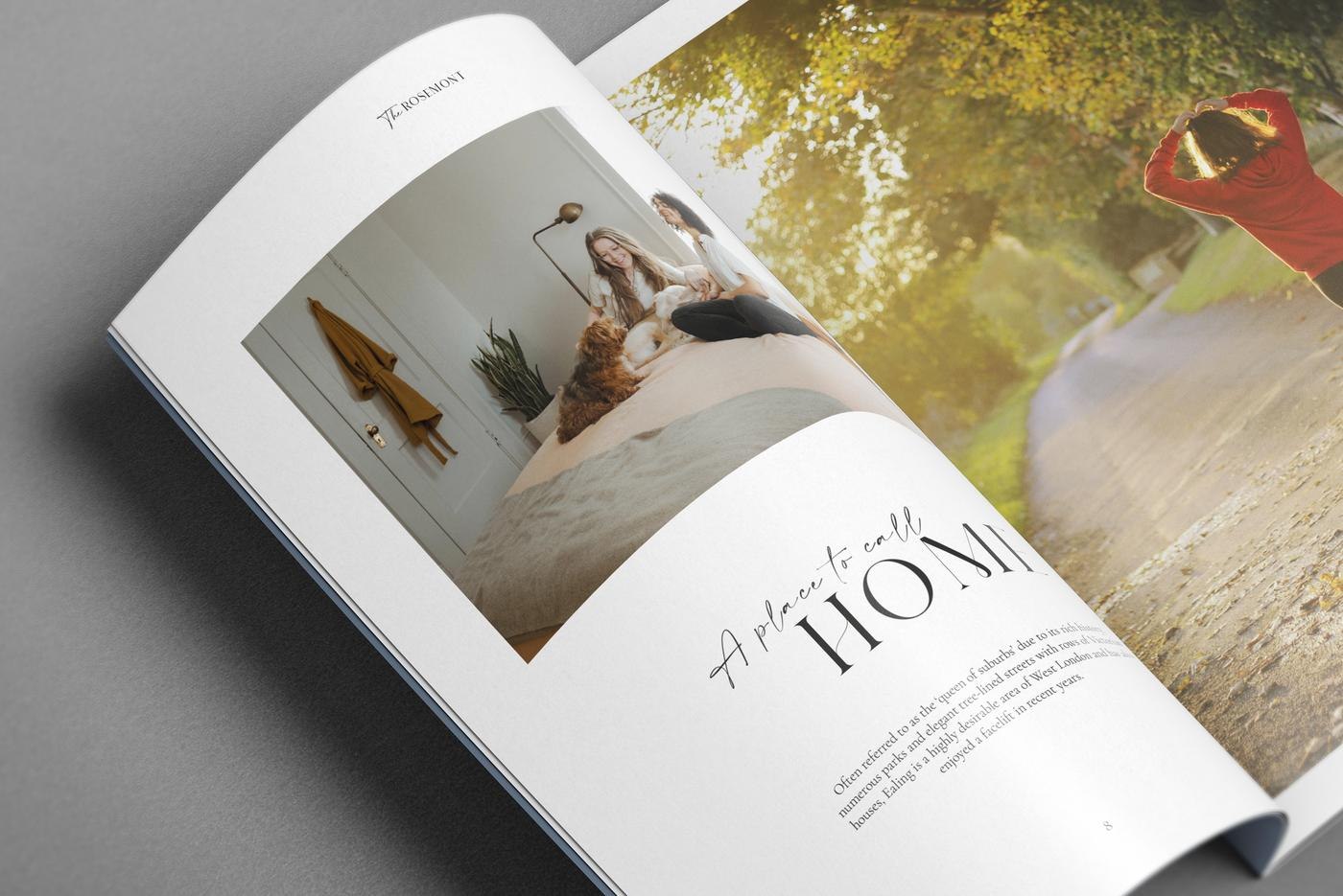 The Rosemont brochure open at a spread reading a place to call home, print design by HDEY