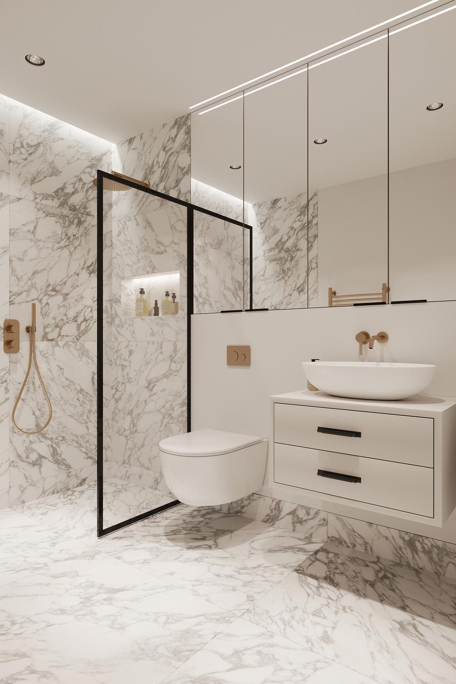 The Rosemont ensuite with marble tiling and brass fittings, Ealing &mdash; interior specification by HDEY