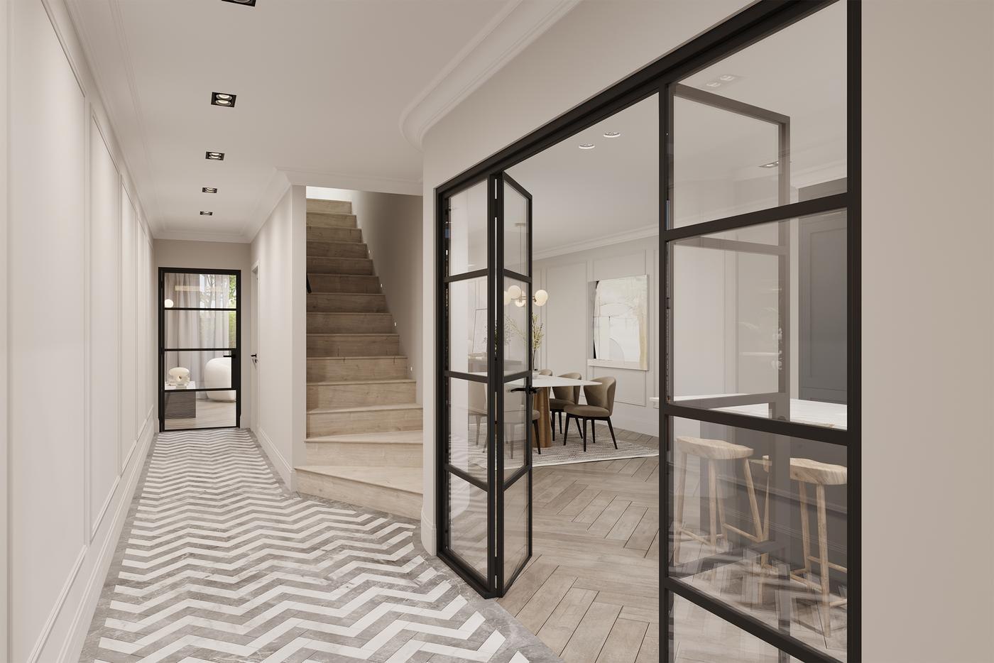The Rosemont entrance hall CGI with Crittall glazing and herringbone flooring, Ealing — by HDEY