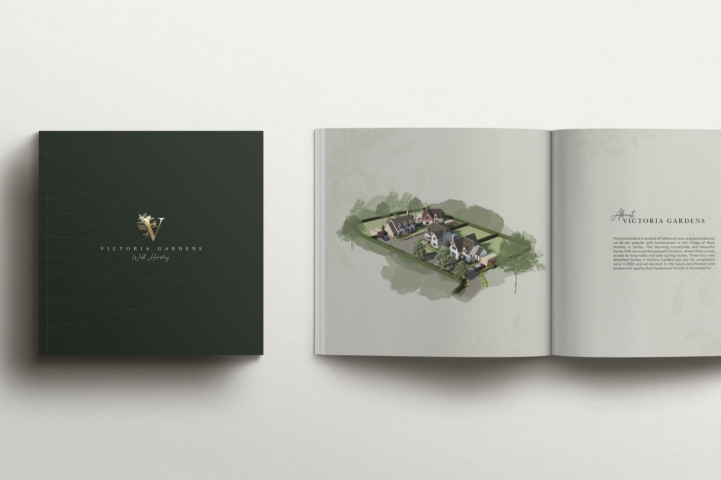 Victoria Gardens brochure open at the contents spread, print design by HDEY