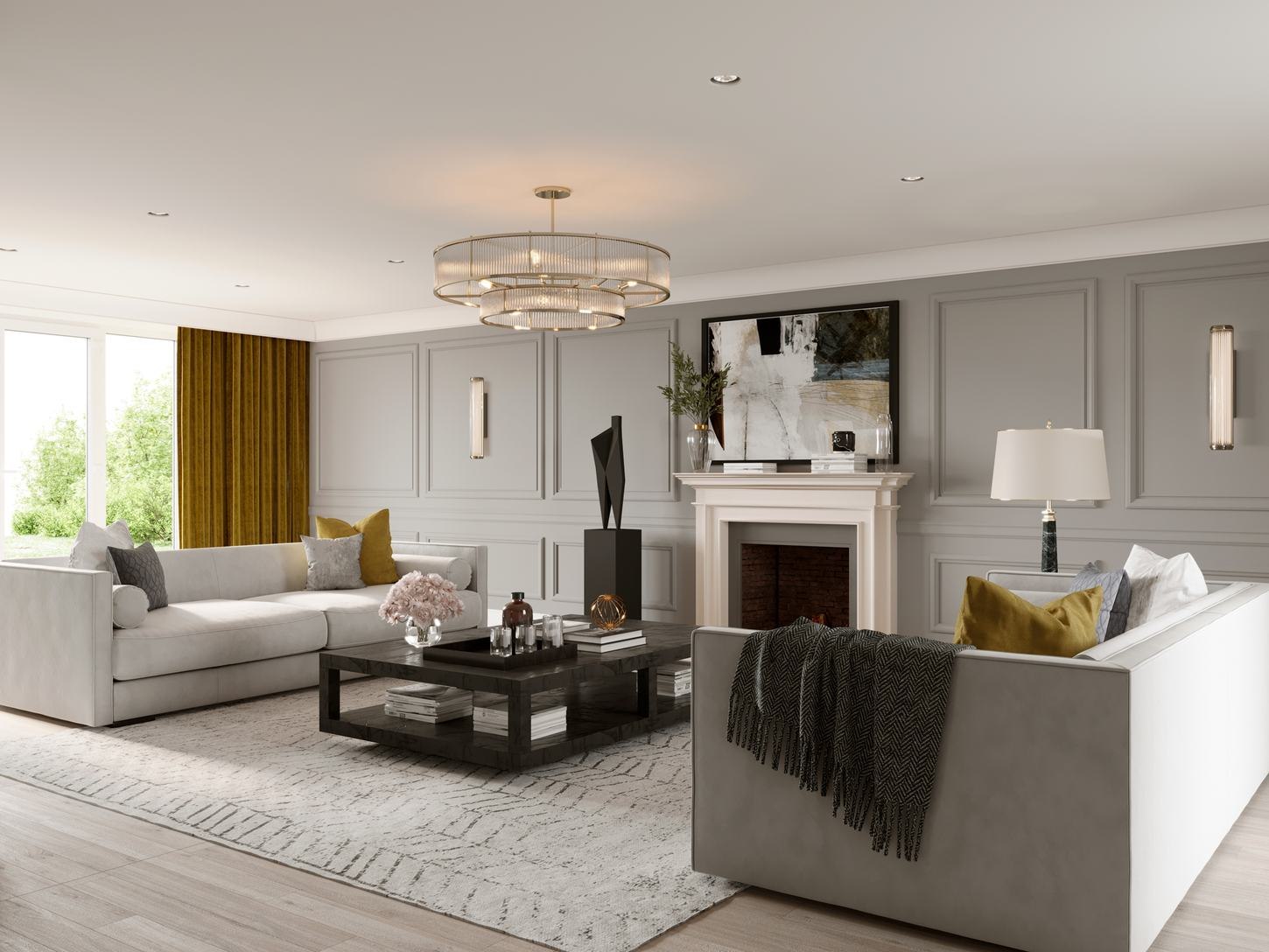 Victoria Gardens drawing room CGI with fireplace and panelled walls, West Horsley — by HDEY