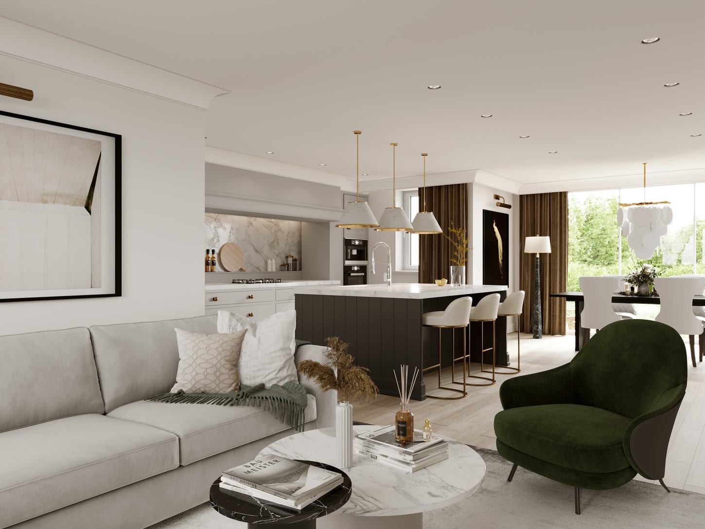 Victoria Gardens kitchen and living CGI with island and garden doors, West Horsley — by HDEY