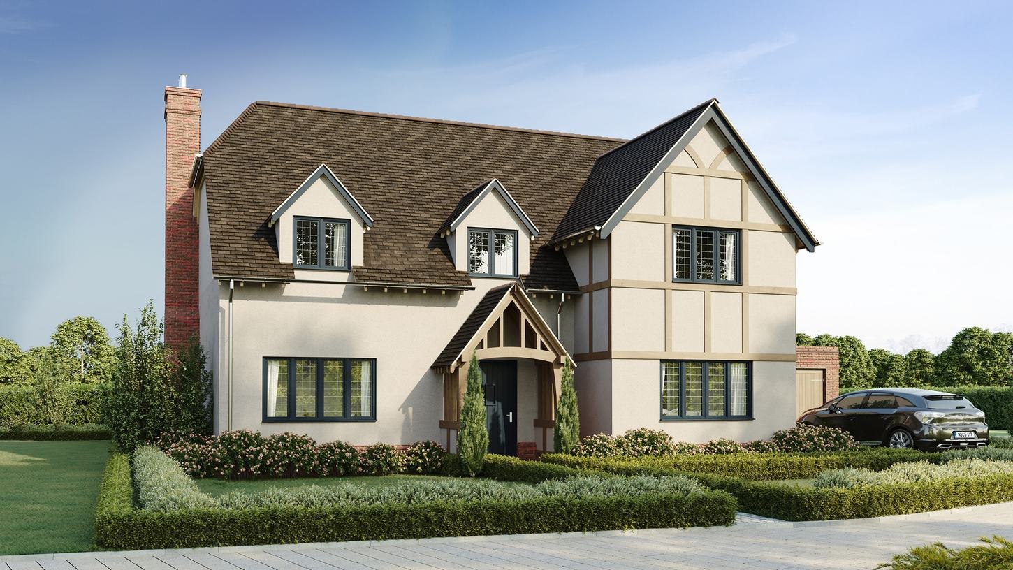 Victoria Gardens external CGI of the mock-Tudor detached house, West Horsley — by HDEY
