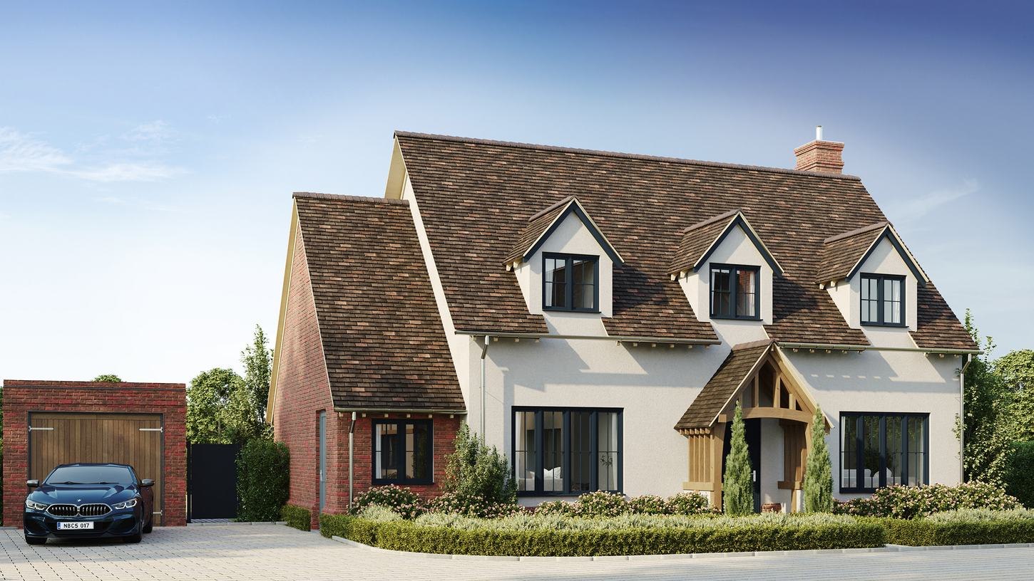 Victoria Gardens external CGI of the tiled detached house with garage, West Horsley — by HDEY