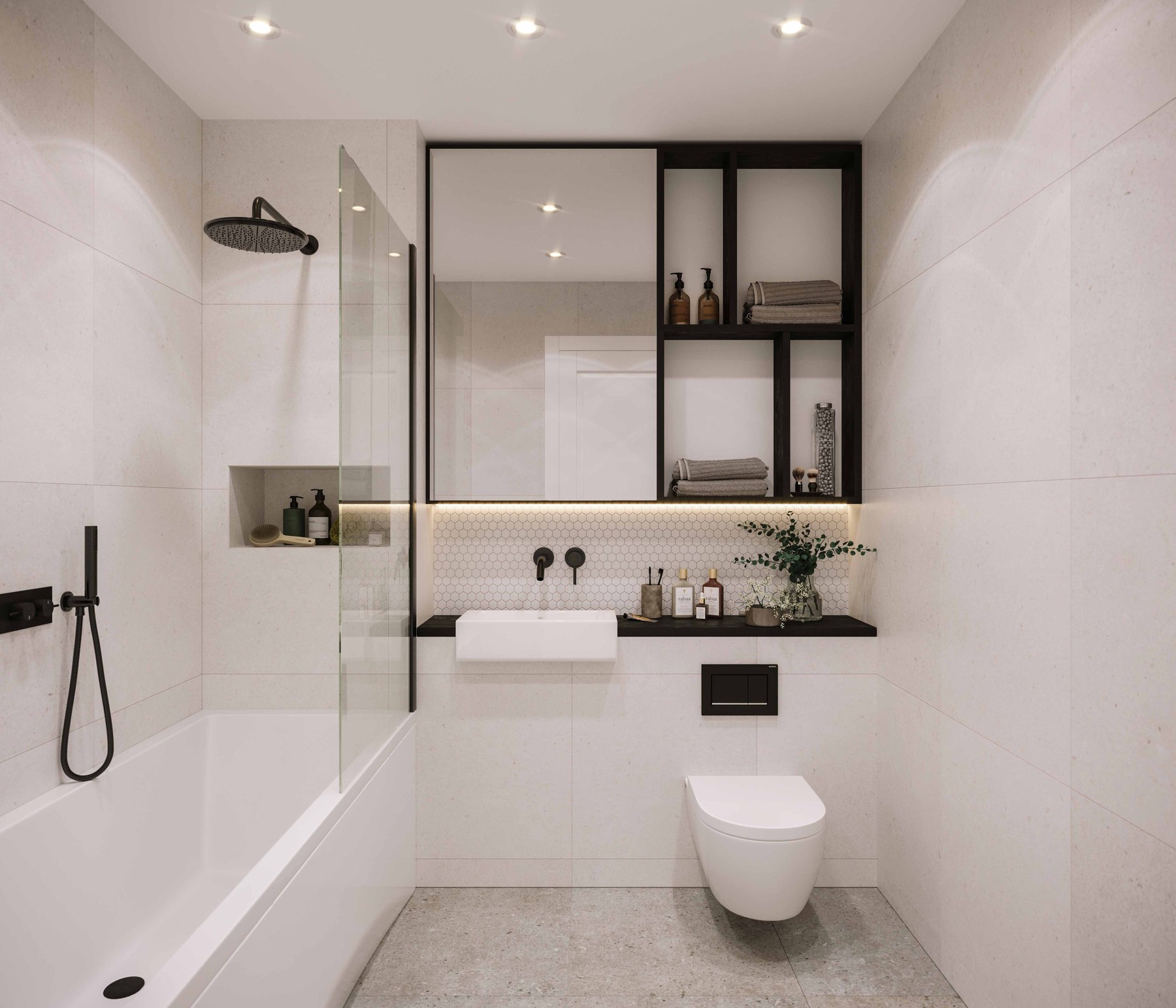 Warple Lofts bathroom CGI with pale stone tiling, black fittings and dark open shelving, Acton — specification by HDEY