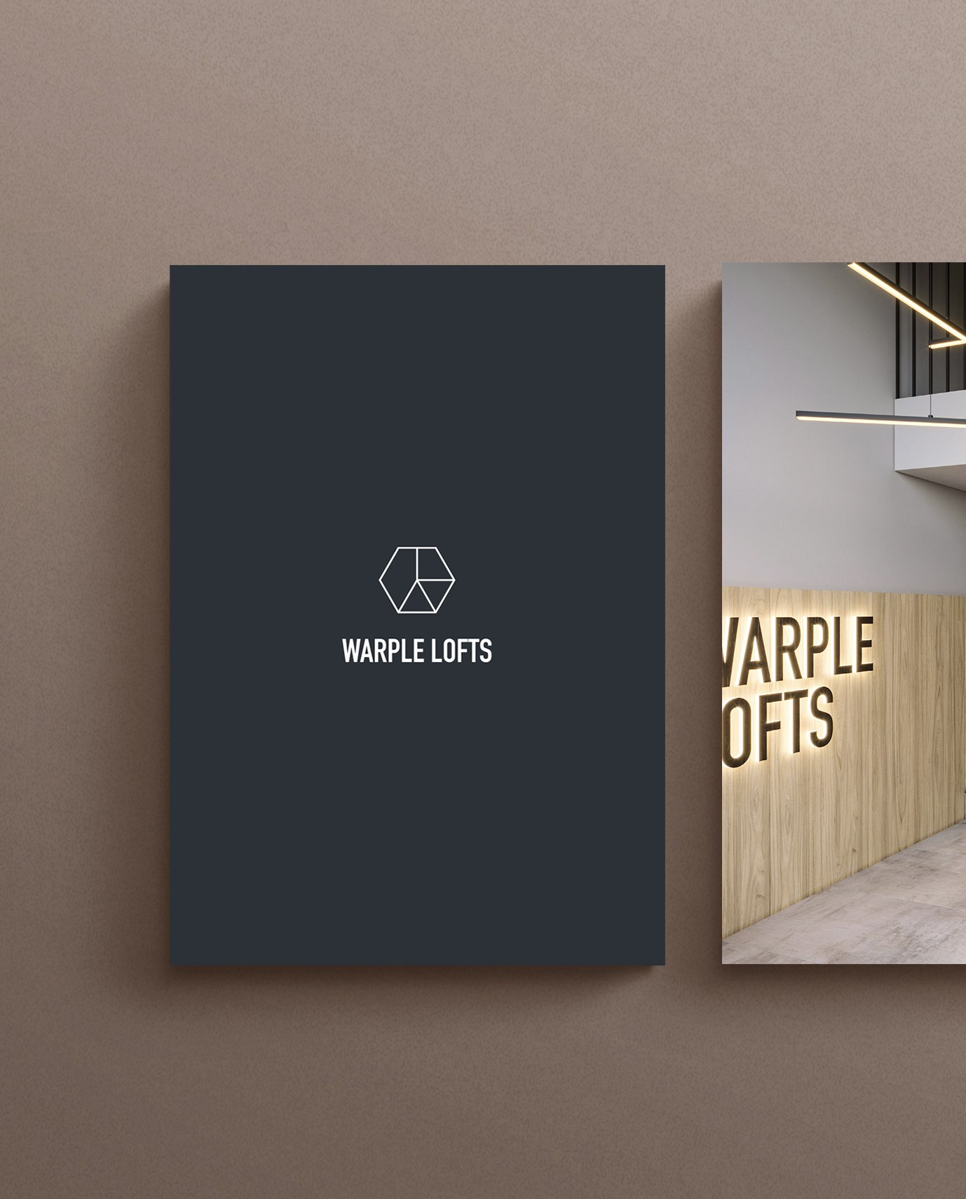 Warple Lofts brochure cover in charcoal with the hexagon mark, alongside the entrance CGI, print design by HDEY