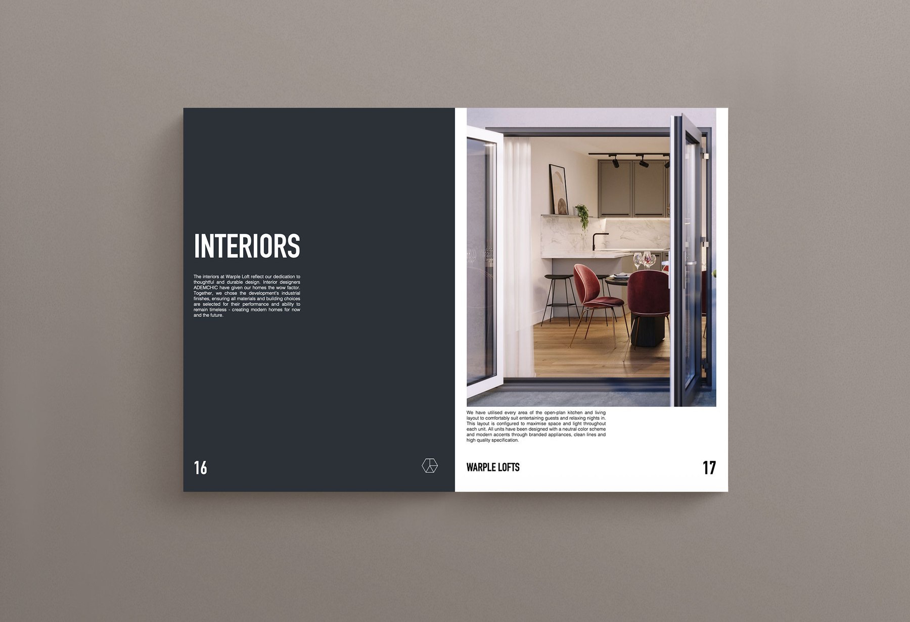 Warple Lofts brochure open at the Interiors spread showing the open-plan kitchen and terrace doors, print design by HDEY