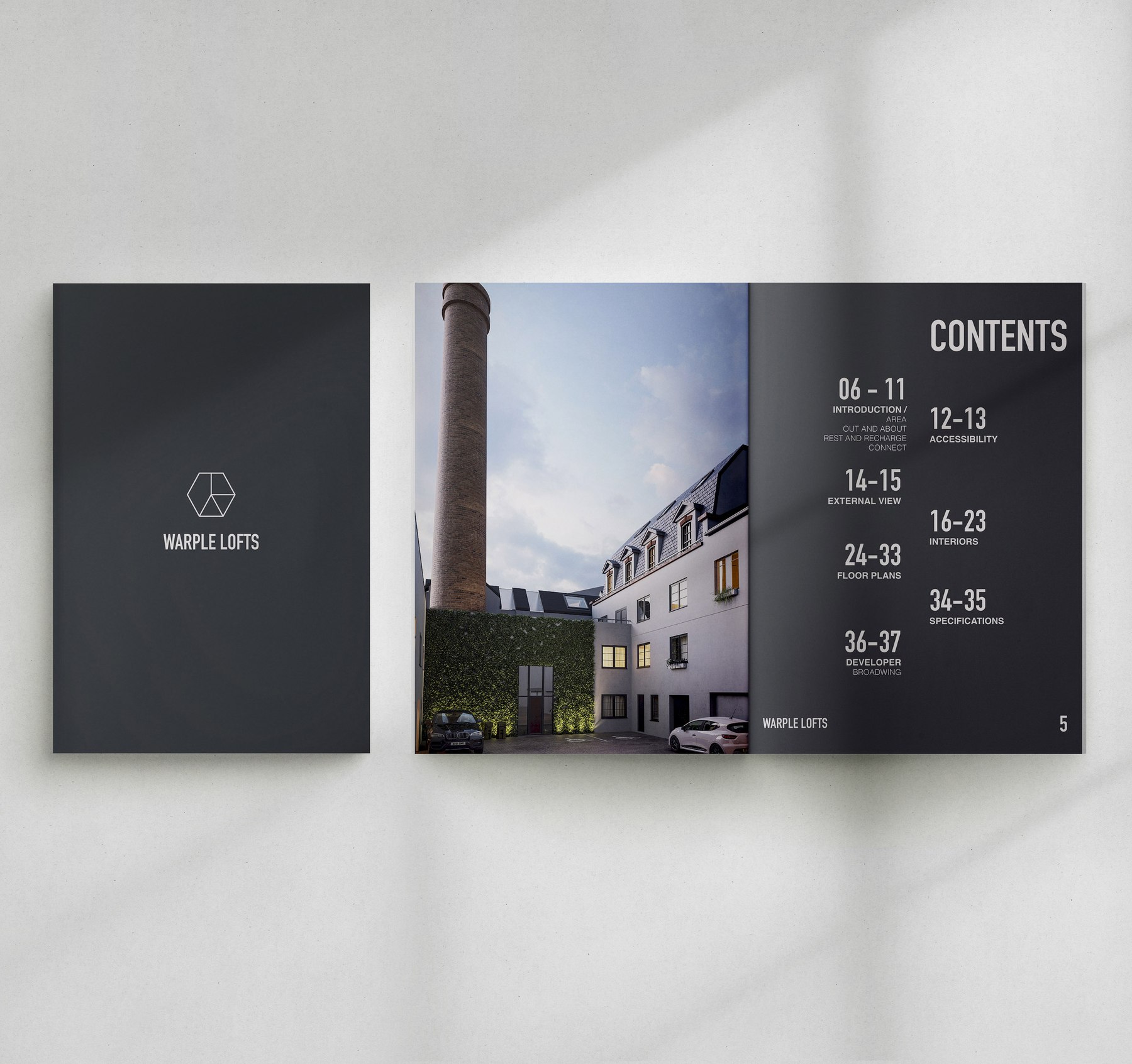 Warple Lofts brochure open at the contents spread with the courtyard photograph, print design by HDEY