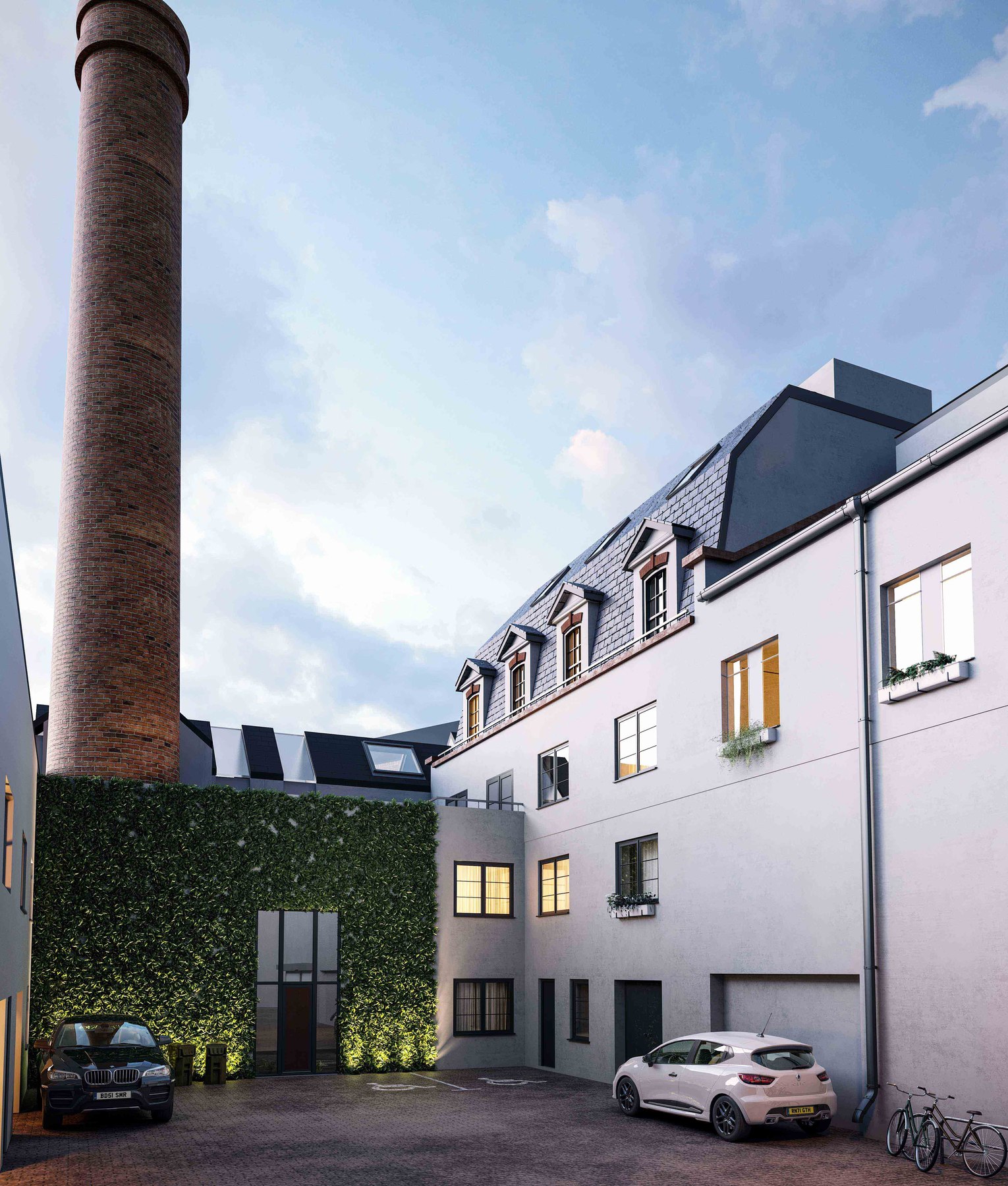Warple Lofts external CGI of the rear courtyard with the retained brick chimney and green wall, Acton — by HDEY