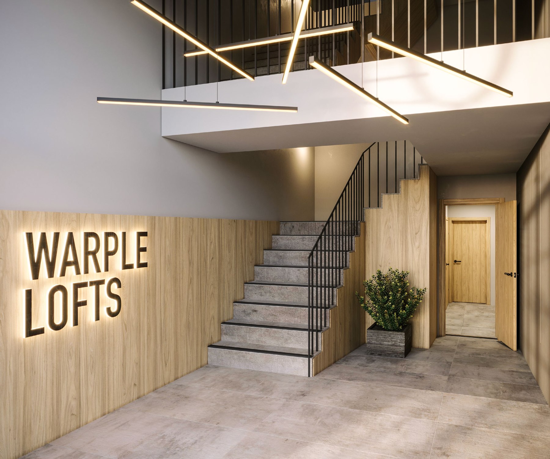 Warple Lofts communal entrance CGI with backlit lettering on timber panelling, concrete stair and linear pendants, Acton — interior design by HDEY