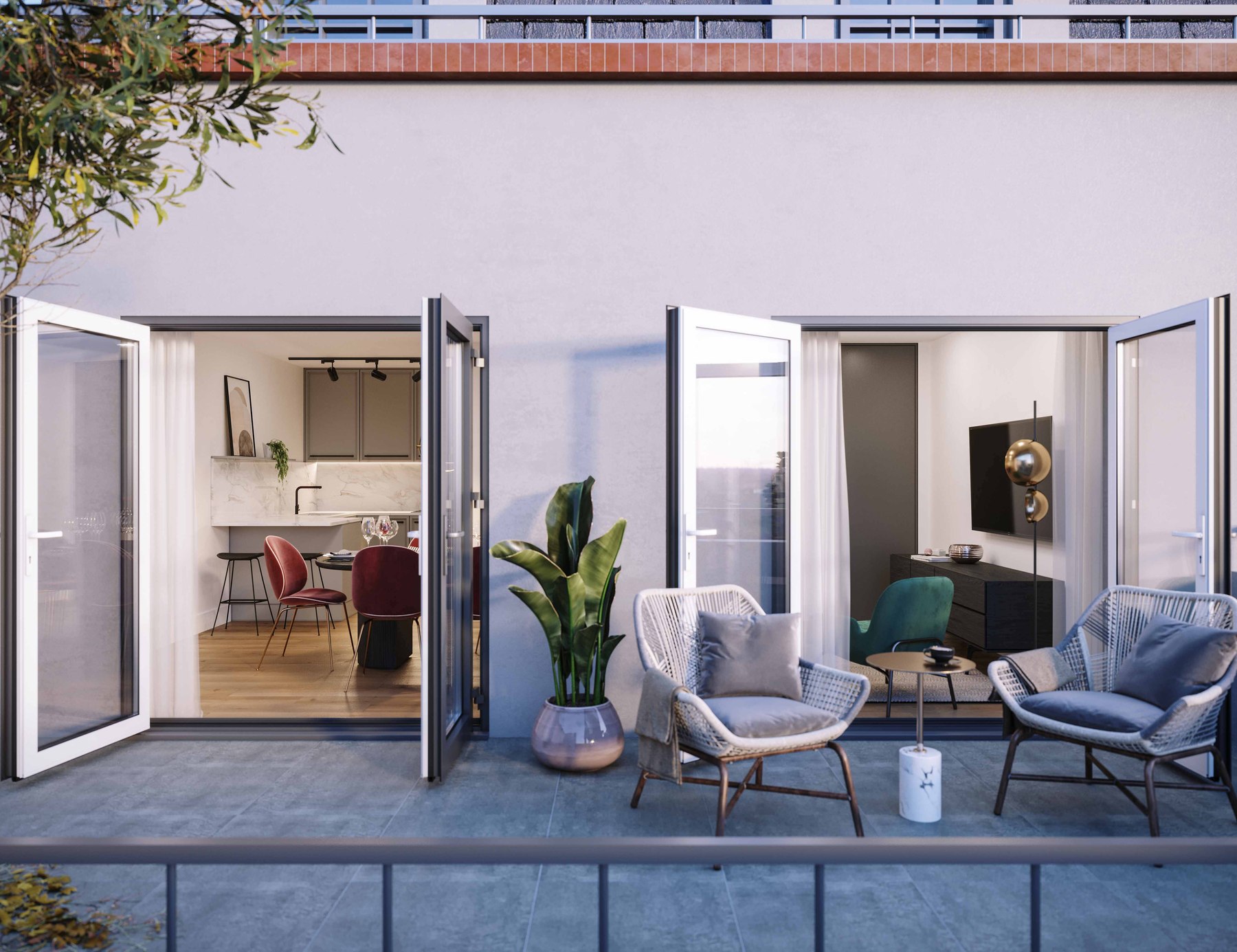 Warple Lofts terrace CGI with folding doors open to the kitchen and living space, Acton — by HDEY