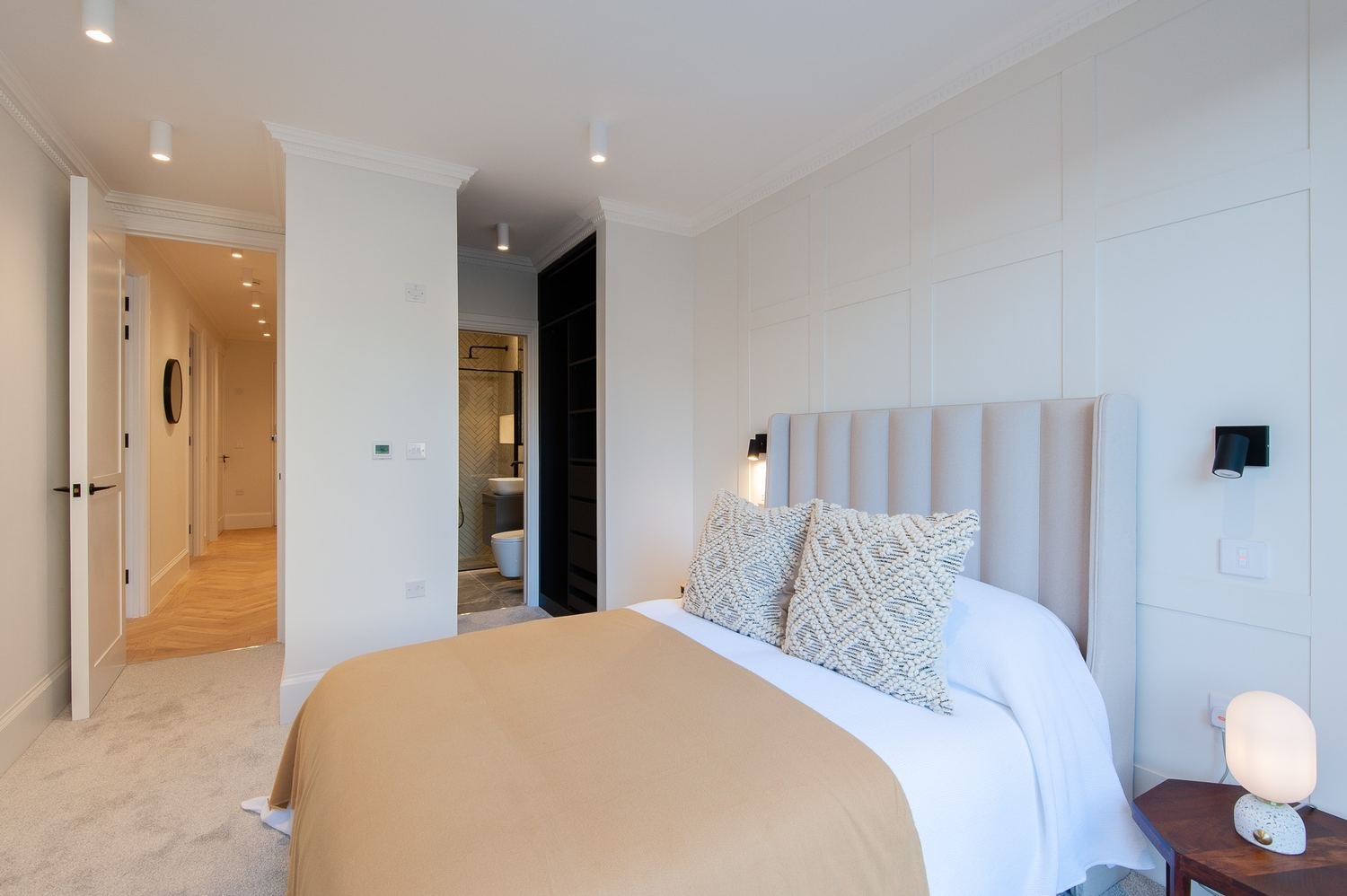 West Lodge internal corridor looking through to a bedroom, Ealing — interior design by HDEY