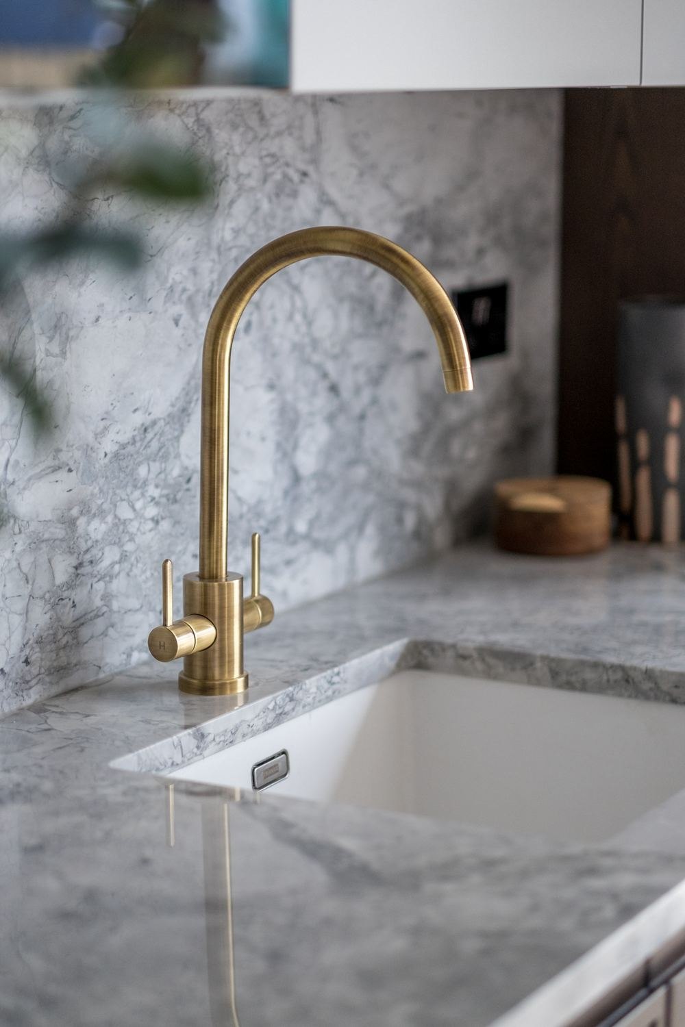 West Lodge brass tap against a marble worktop, Ealing — specification by HDEY