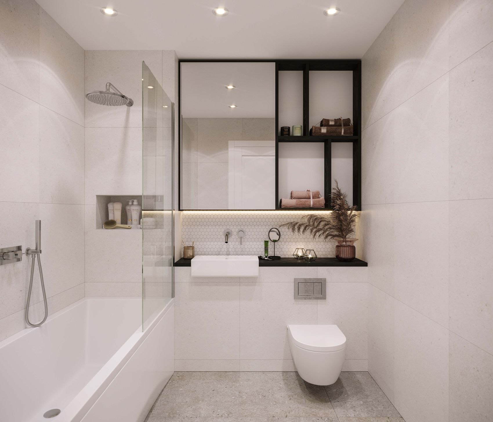 1323 Whetstone bathroom with walk-in shower and black-framed screen, London, interior design by HDEY