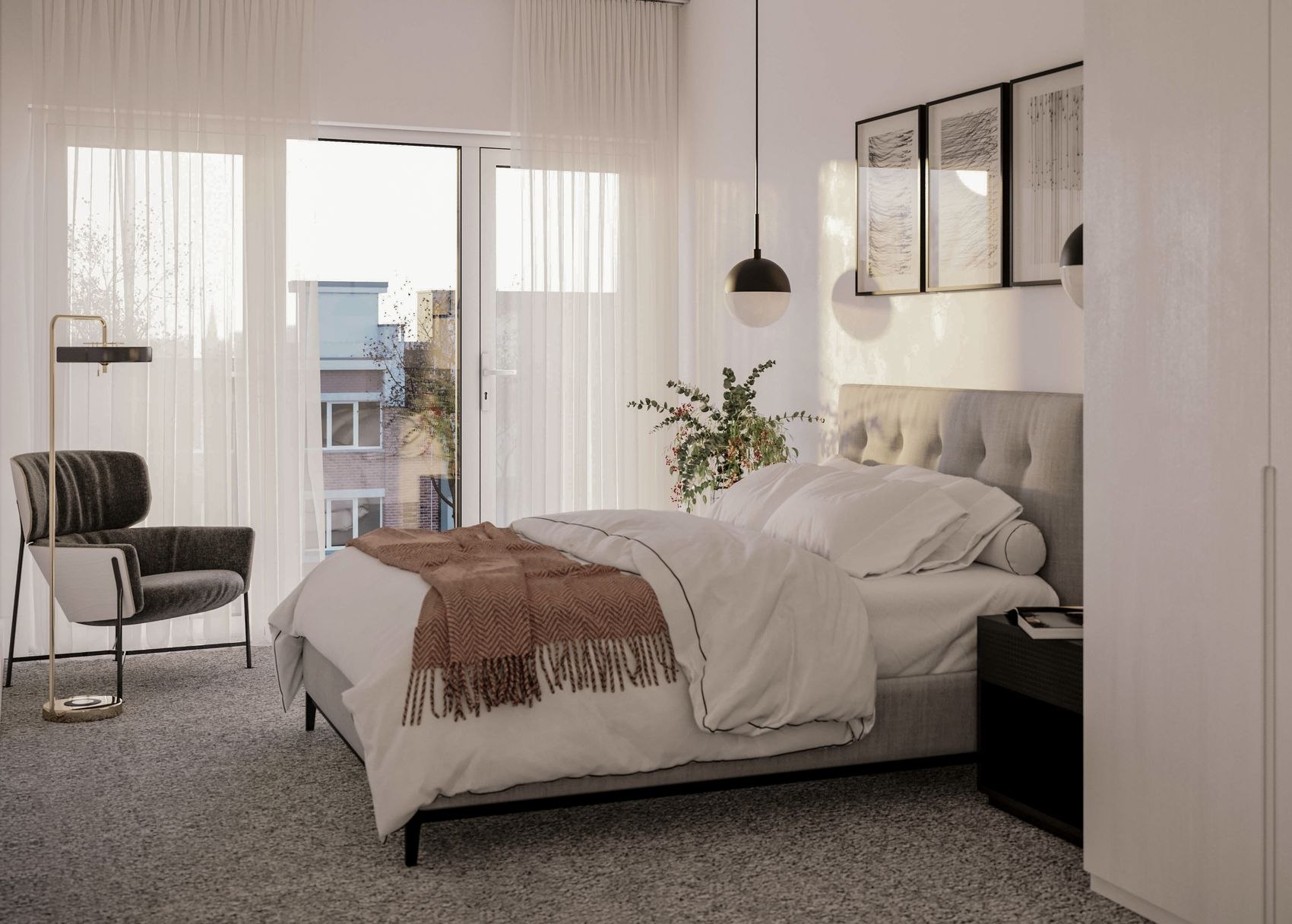 1323 Whetstone bedroom with upholstered headboard and black-framed glazing to the ensuite, London, interior design by HDEY